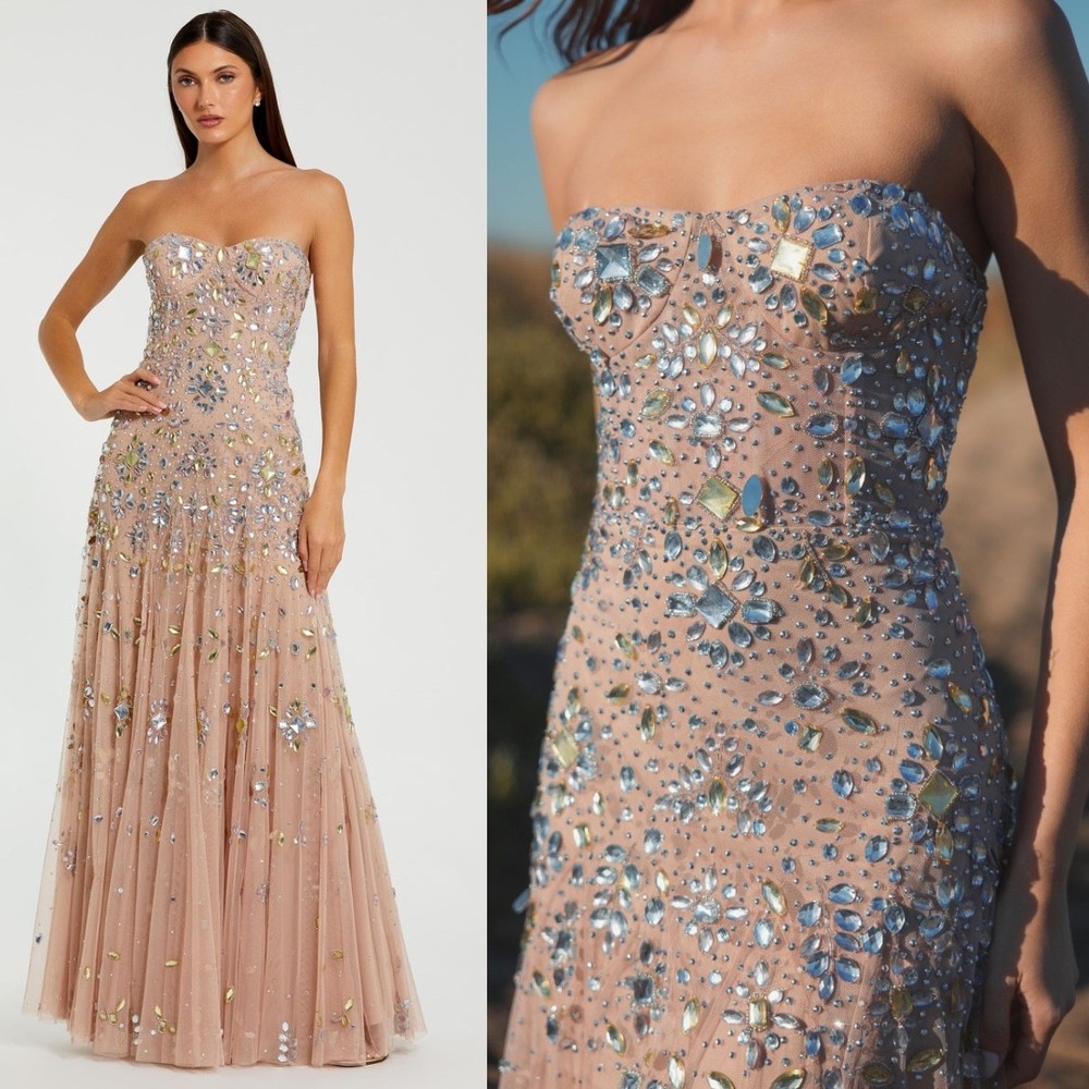 Mac Duggal NEW Blush Pink Strapless Sweetheart Embellished Net Gown $698 Size 8